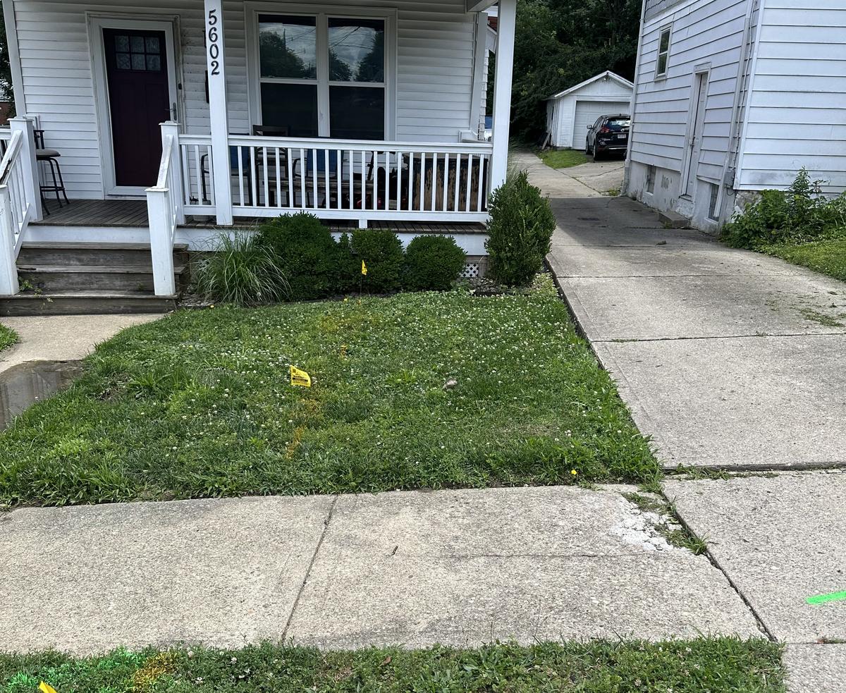 Before: utilities marked in the yard ahead of a water line replacement